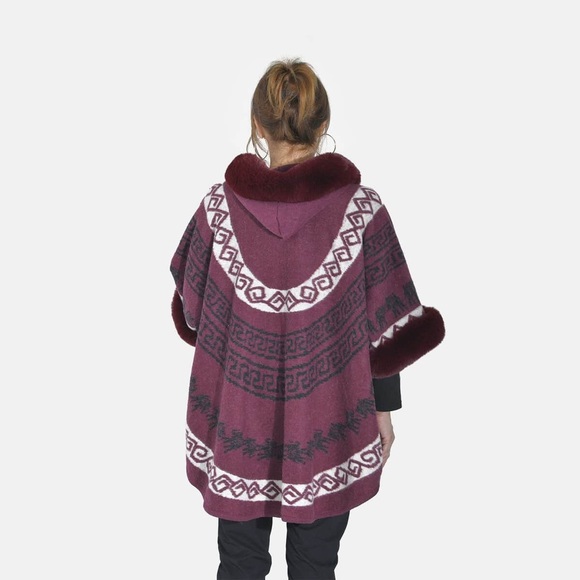 Tamsy Cranberry Half Moon Faux Fur Lined Hooded Poncho with Snap on Button - Picture 2 of 5